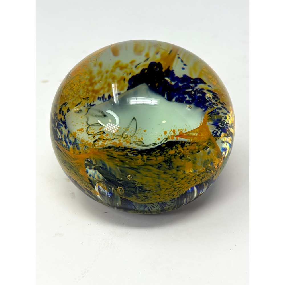 Antique Art Glass Paperweight Eleanor Name Souvenir Blue Yellow Spatter Glass - Picture 2 of 5
